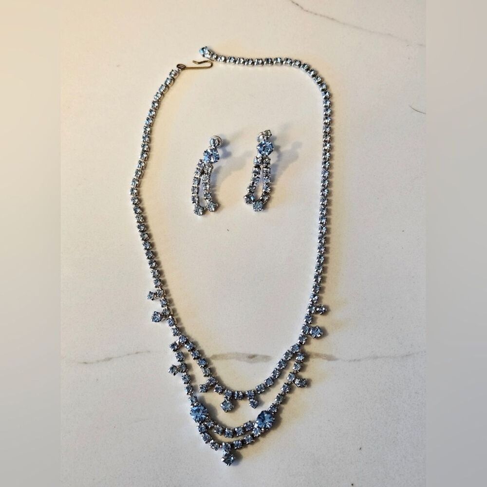 Vintage Light Blue Rhinestone Necklace & Dangle Screw-back Earrings